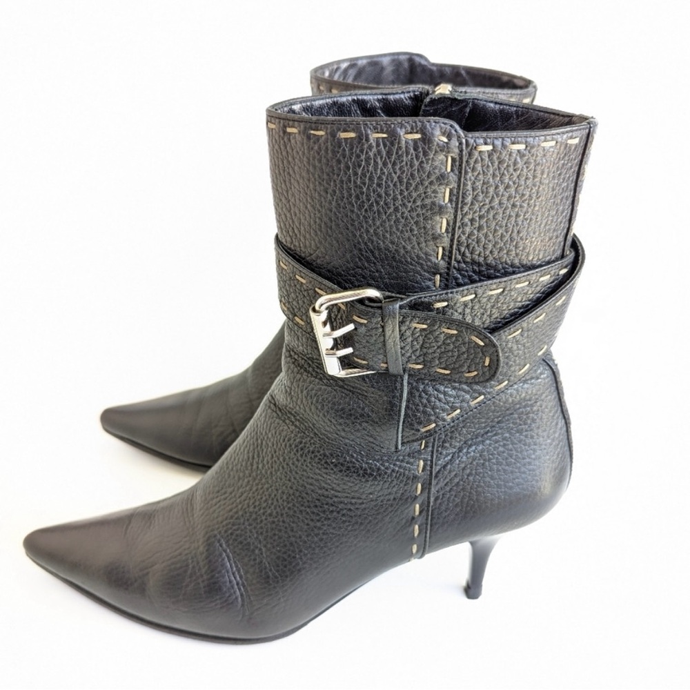 Fendi Roma Tronchetto Cuoio Romano Nero Selleria Buckle Ankle Heel Boots